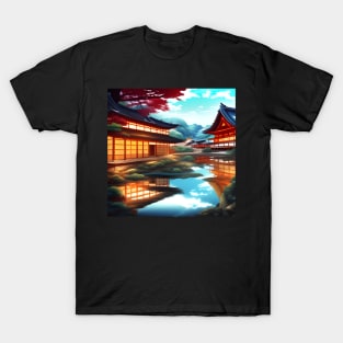 Beaux Animes Art Fantasy Japanese Anime Village by the river Design T-Shirt